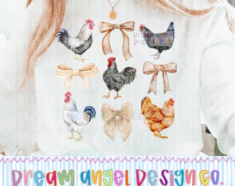 Chicken PNG Hand Drawn Farm Animals, Coquette Bows Aesthetic Cottagecore Homestead Cow Pig Horse Duck Sublimation Download