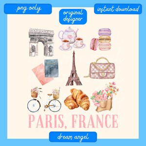 May include: Watercolor illustrations of Parisian landmarks and objects, including the Eiffel Tower, Arc de Triomphe, a bicycle, croissants, a handbag, macarons, a teapot and teacups, and a passport. The text "PARIS, FRANCE" is written in pink letters below the images. The text "dream angel" is written in blue letters below the text "PARIS, FRANCE".