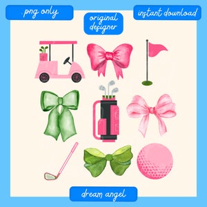 May include: A set of watercolor illustrations featuring golf-themed imagery, including a golf cart, golf clubs, a golf ball, a golf flag, and bows in pink and green.