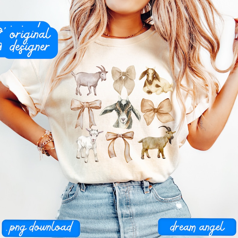 May include: A white t-shirt with a design of watercolor goats and bows. The goats are brown, white, and black. The bows are brown and beige.