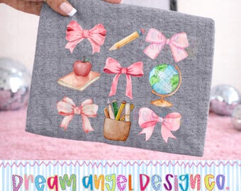 Teacher PNG | Coquette Teacher Era | Hand Drawn Watercolor Pink Bows | Girly School Aesthetic Classroom Digital Download PNG