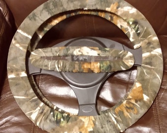 Eikenhout fleece stuurwiel en achteruitkijkspiegelset