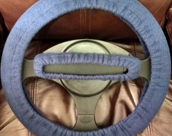 Set marineblauw massief fleece stuurwiel en achteruitkijkspiegel