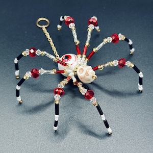 Beautiful 4 inch Handmade Gothic Black and Red Eyeball Skull Beaded Cute Metal Wire Hanging Spider Decoration