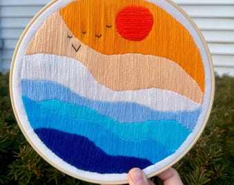 Handmade Beach Sunset Landscape Embroidery Hoop Art Decor Gift