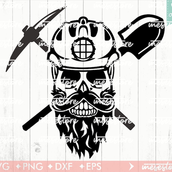 Coal Miner Skull with Beard and Hard Hat SVG File,Coal Mining SVG, Svg Dxf Eps Png Files for Cutting Machines Cameo Cricut, Skull SVG