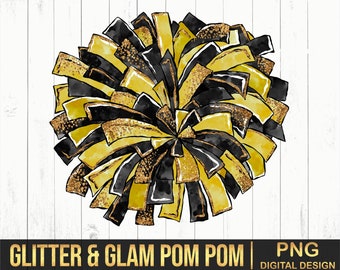 Glitter and Glam Pom Pom digital clip art, Black gold pom , Cheerleading pom png, Custom pom, Pom Digital clipart