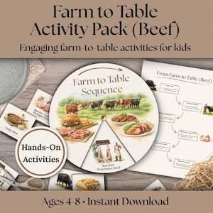 May include: A "Farm to Table Activity Pack (Beef)" with engaging activities for kids. The image features a circular diagram illustrating the beef production process, from farm to table, with illustrations of cows, butcher, and cooked meat dishes. Includes the text "Hands-On Activities" and "Ages 4-8".