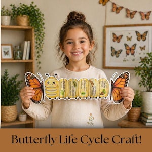 May include: A smiling child holds a butterfly life cycle craft. The craft features a caterpillar with stages of development and two orange and black butterfly wings. The text "Butterfly Life Cycle Craft!" is at the bottom.