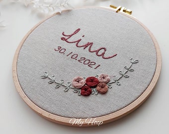 Embroidery picture - birth board - name plate - ring pillow - embroidery frame in boho style with flowers gift idea 16cmø