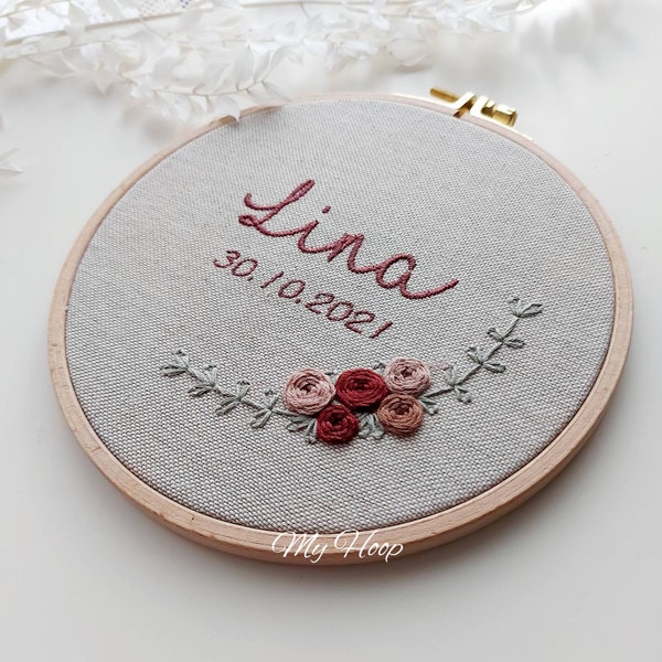 Embroidery picture - birth chart - name tag - ring pillow - embroidery frame in bohoo style with flowers gift idea 16cmø