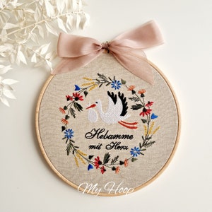 Embroidery picture - midwife with heart - gift idea - stork - baby - embroidery - midwife gift - flower wreath - embroidery frame 22cmø