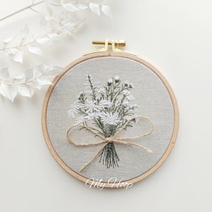 Imagem de bordado - quadro de bordar buquê de flores, buquê 16cmø Idéia de presente de Natal Flor -branca- Presente de Dia das Mães, fique bem logo