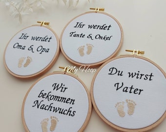 4x Stickbild 16cm - Stickrahmen  Babyankündigung für Papa, Opa, Oma, Freunde Baby Ankündigung Nachwuchs - Geburt