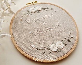 Ring pillow - embroidery picture - embroidery frame - registry office - wedding in bohoo style gift idea cream/beige 16cmø