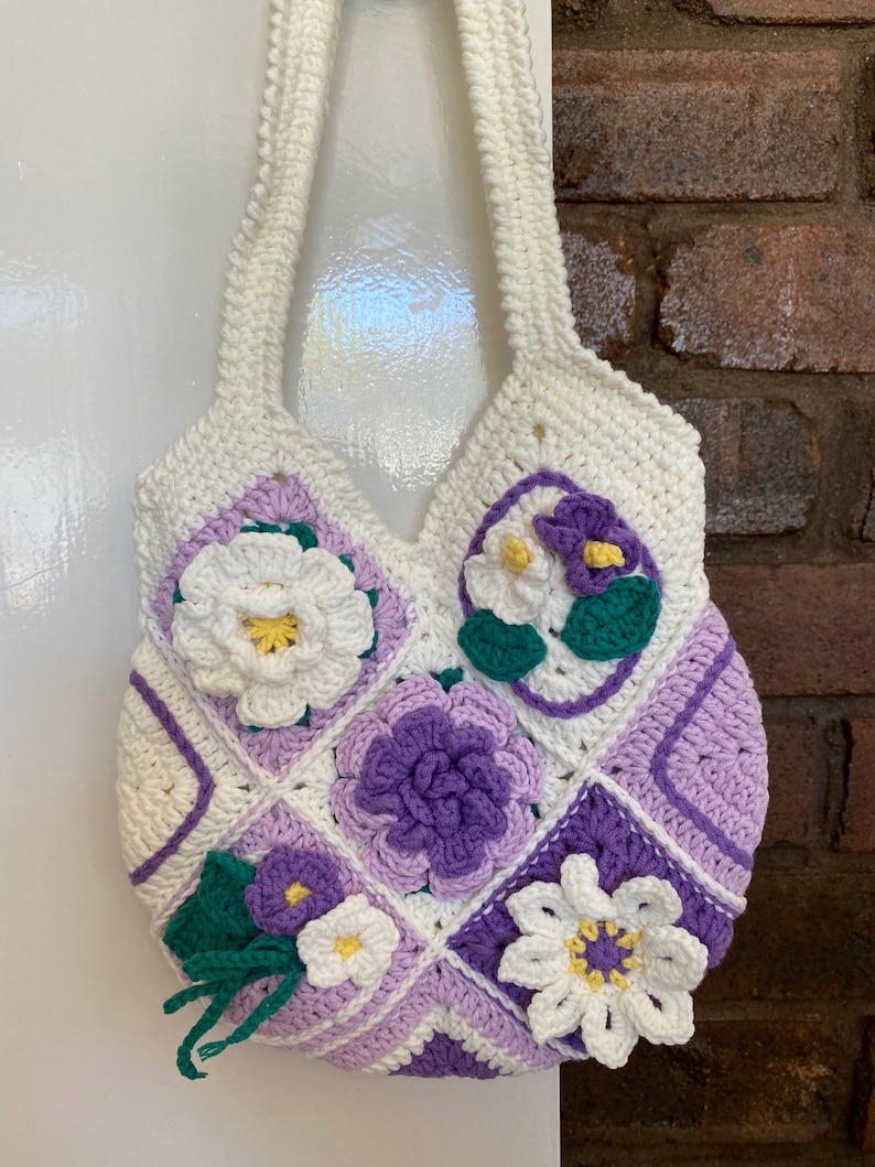 Granny square crochet flower shoulder bag handmade gift for her