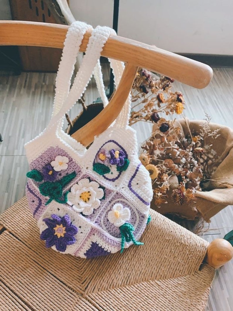 Granny square crochet flower shoulder bag handmade gift for her