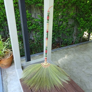 Handmade Thai Asian Broom Natural Wood Broomstick for Sweeping with Cotton Cover Oriental Grass Eco Brush Whisk Sweeper