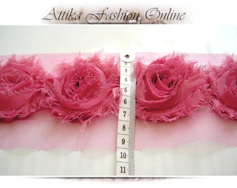Rose Pink Chiffon Rosette Frayed Mesh Lace Trim – 1 Yard With 15 Large Flowers