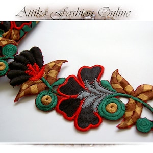 Eve’s Garden ⋆ Embroidered Lace Trim – Black Red Floral Motifs with Leaves Stem – Per Half Metre – cotton silk appliques costumes crafts