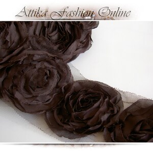 Dark Chocolate CHIFFON Mesh Frayed LACE TRIM × 1y 12 Large Flower Appliques Motifs – Very Wide 9cm – costume theatrical hats purses bags