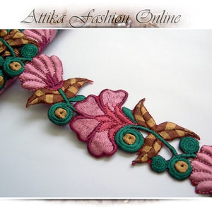 Eve’s Garden ⋆ Embroidered Lace Trim – Rose Pink Floral Motifs with Leaves Stem – Per Half Metre – cotton silk appliques costumes crafts