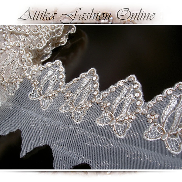 Anastasia ⋆ Shimmering Scallop Lace – Per Yard – VERY WIDE 12cm – embroidered trim with reflective golden thread, crafts and costume design