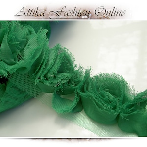 Deep Green CHIFFON Mesh Frayed LACE TRIM – Very Wide 6cm – Per Yard – costume theatrical floral decoration hats purses bags scrapbooking