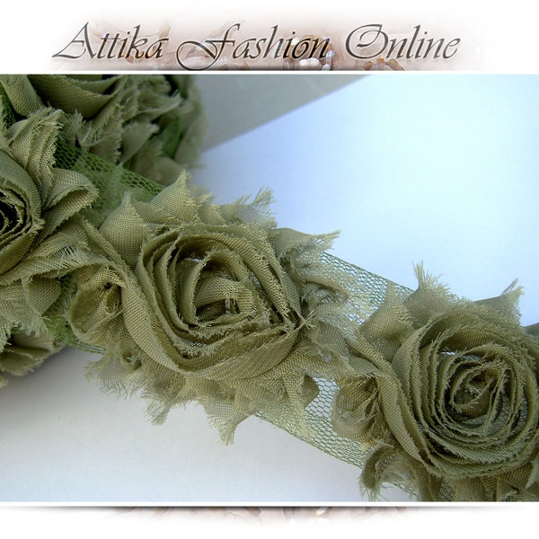 Olive Green Chiffon Mesh Lace TRIM × 1y 14 Large Flower Appliques Motifs, Frayed Ends – VERY WIDE 9cm – costume floral hats purses bags