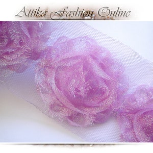 Pink ORGANZA ROSETTE Mesh Trim × 1y 14 Large Flowers – 80mm WIDE – shiny organza flowers – dance party costume theatrical princess birthday