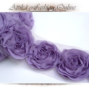 Lavender CHIFFON Mesh Frayed LACE TRIM × 1y 12 Large Flower Appliques Motifs – Very Wide 9cm – costume theatrical floral hats purses bags