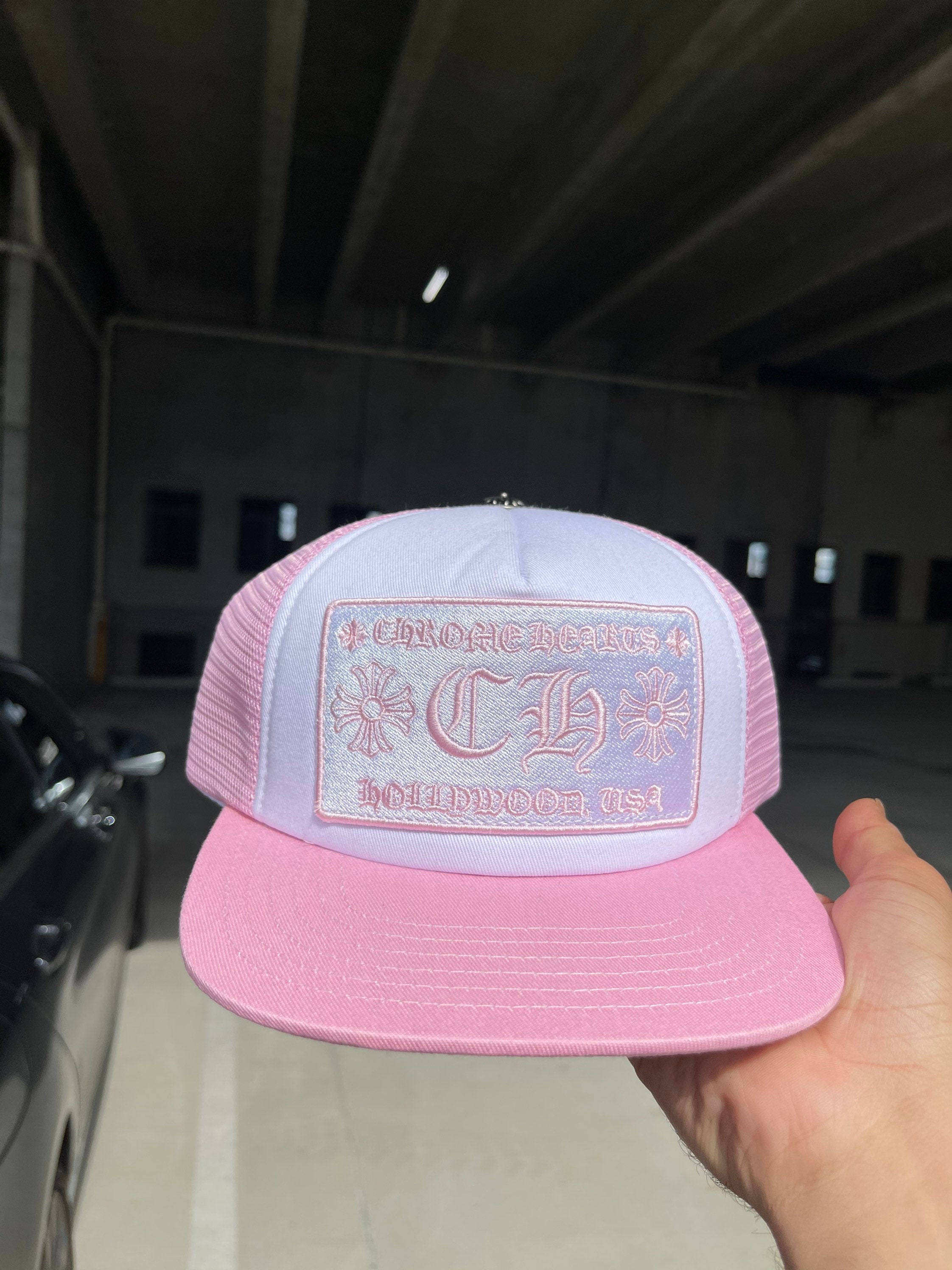 pink chrome heart hat