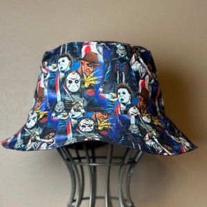 Keep it Creepy with this Handmade Bucket Hat Featuring Your Favorite Horror Movie Villains! Horror fan bucket hat for men