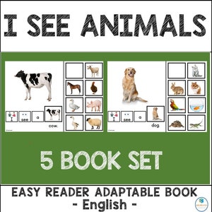 Puede incluir: Un conjunto de cinco libros imprimibles para jóvenes estudiantes. Cada libro presenta un animal diferente, como una vaca, un perro, un gato, un conejo y un pez. Los libros incluyen frases simples como "Veo una vaca." e ilustraciones coloridas de los animales.