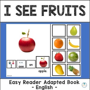 May include: An educational book for young learners featuring a red apple and the words "I see an apple." The book includes images of other fruits, such as a pear, banana, orange, strawberry, watermelon, mango, and pineapple.