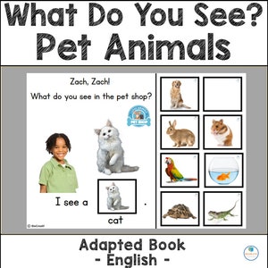 Könnte beinhalten: Ein angepasstes Buch mit dem Titel „Was siehst du? Haustiere“. Das Buch zeigt Bilder von verschiedenen Haustieren, darunter ein Hund, ein Kaninchen, ein Hamster, ein Papagei, eine Schildkröte und eine Eidechse. Der Text lautet „Ich sehe eine Katze“.