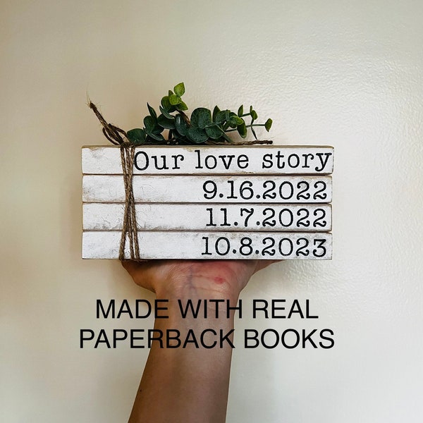 Stamped stacked books, love story bookstack, love story gift, farmhouse decor, anniversary gift, valentines day gift, wedding gift