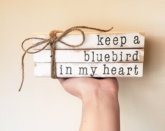 Miranda Lambert Bluebird stamped books, keep a bluebird in my heart, gift of hope, encouragement gift, stamped books, stacked books