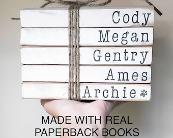 Name stamped books, name stacked books, family names stamped books, pet name books, stamped stacked books, family book stack, book stack