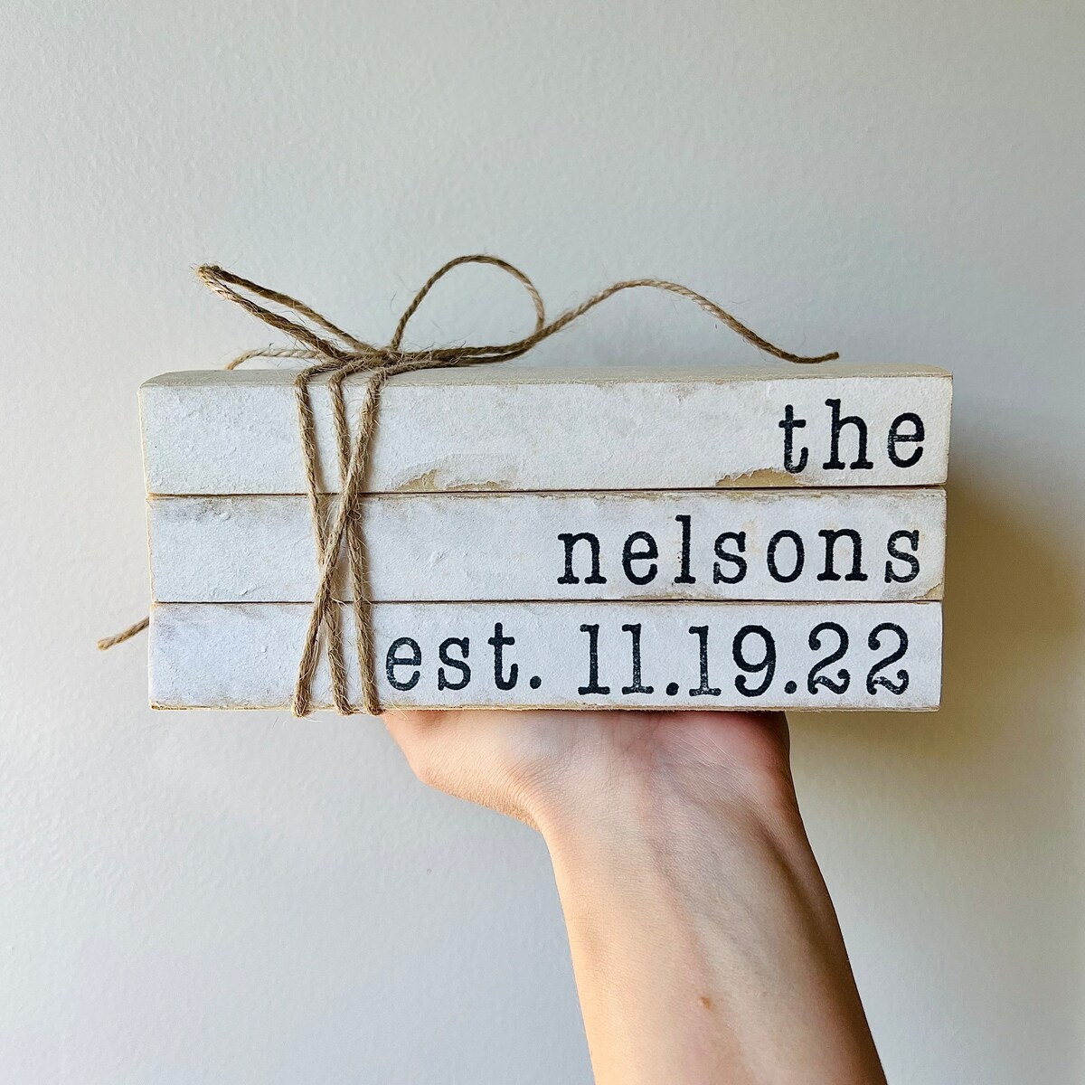 Established date books, last name stamped books, wedding gift, bridal shower gift, farmhouse bookstack, stamped stacked books, bookstack