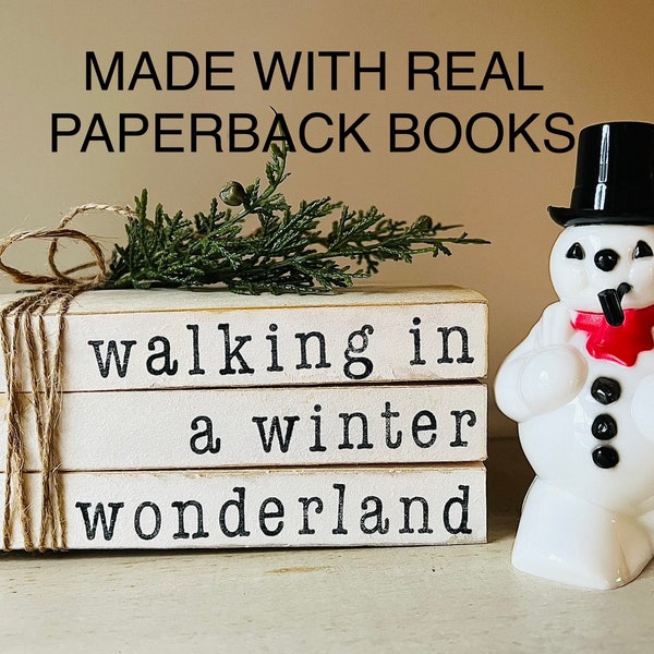 walking in a winter wonderland stamped stacked books, farmhouse Christmas decoration, winter stamped books, holiday mantel decor, winter