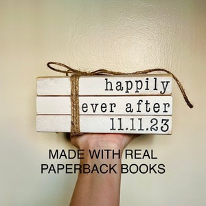 happily ever after stamped books, anniversary stamped books, wedding gift, farmhouse bookstack, Valentine's Day bookstack, anniversary gift