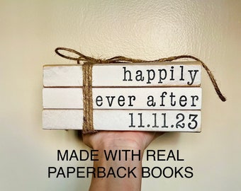 happily ever after stamped books, anniversary stamped books, wedding gift, farmhouse bookstack, Valentine's Day bookstack, anniversary gift