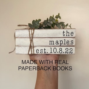 Established date books, last name stamped books, wedding gift, bridal shower gift, farmhouse bookstack, stamped stacked books, bookstack