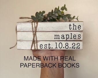 Established date books, last name stamped books, wedding gift, bridal shower gift, farmhouse bookstack, stamped stacked books, bookstack
