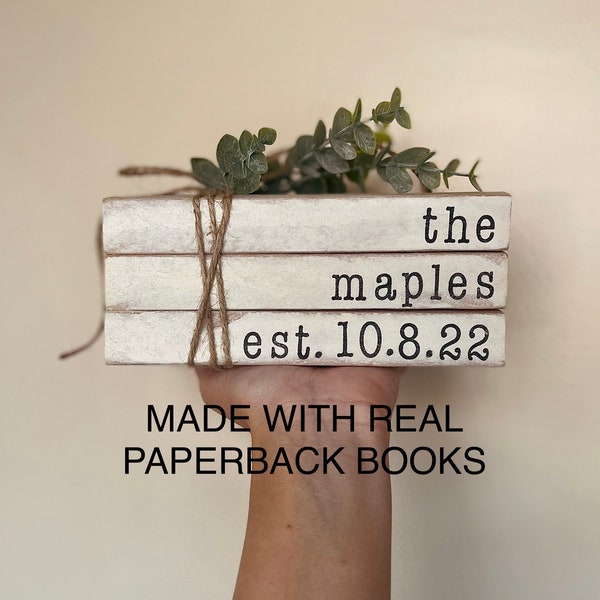 Established date books, last name stamped books, wedding gift, bridal shower gift, farmhouse bookstack, stamped stacked books, bookstack