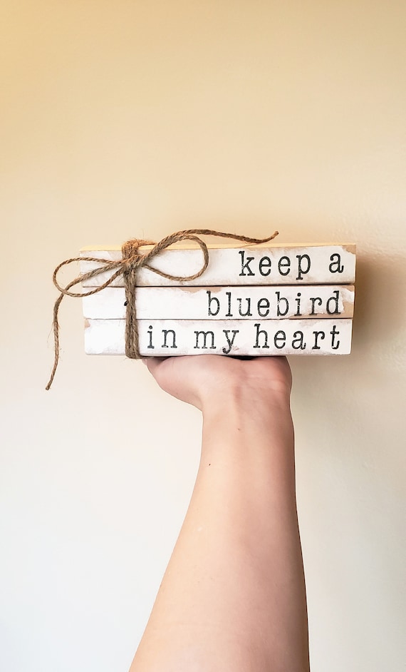 Miranda Lambert Bluebird stamped books, keep a bluebird in my heart, gift of hope, encouragement gift, stamped books, stacked books