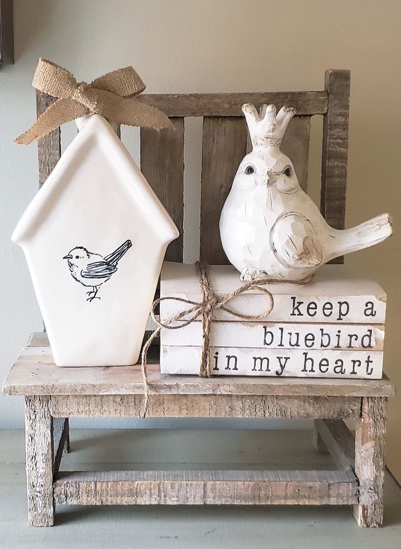 Puede incluir: Una casita de p&aacute;jaros de cer&aacute;mica blanca con un lazo de arpillera marr&oacute;n se sienta en un banco de madera r&uacute;stico con una figurita de p&aacute;jaro de cer&aacute;mica blanca que lleva una corona. El banco tiene una pila de tres libros blancos con el texto "keep a bluebird in my heart" impreso en la portada.