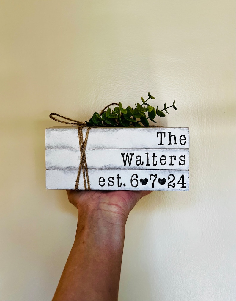 Established date books, last name stamped books, wedding gift, bridal shower gift, farmhouse bookstack, stamped stacked books, bookstack