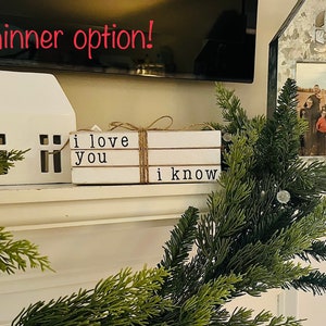May include: White ceramic houses with window cutouts, a stack of three white books with the text "i love you" and "i know" on them, a metal house with a photo inside, and a green leafy garland with a white deer figurine.